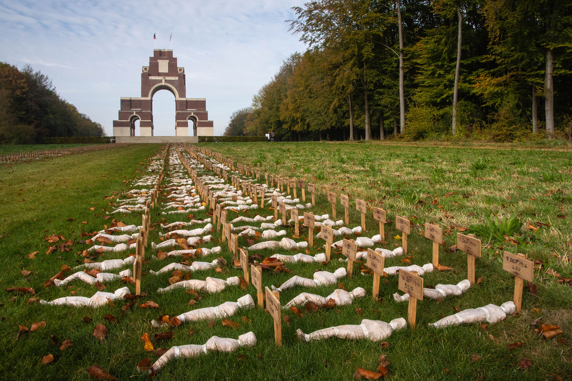 Sir Edwin Lutyens’ great memorial to the Missing of the Somme at Thiepval, with an installation ‘Shrouds of the Somme’, by Rob Heard that commemorates British and Commonwealth dead