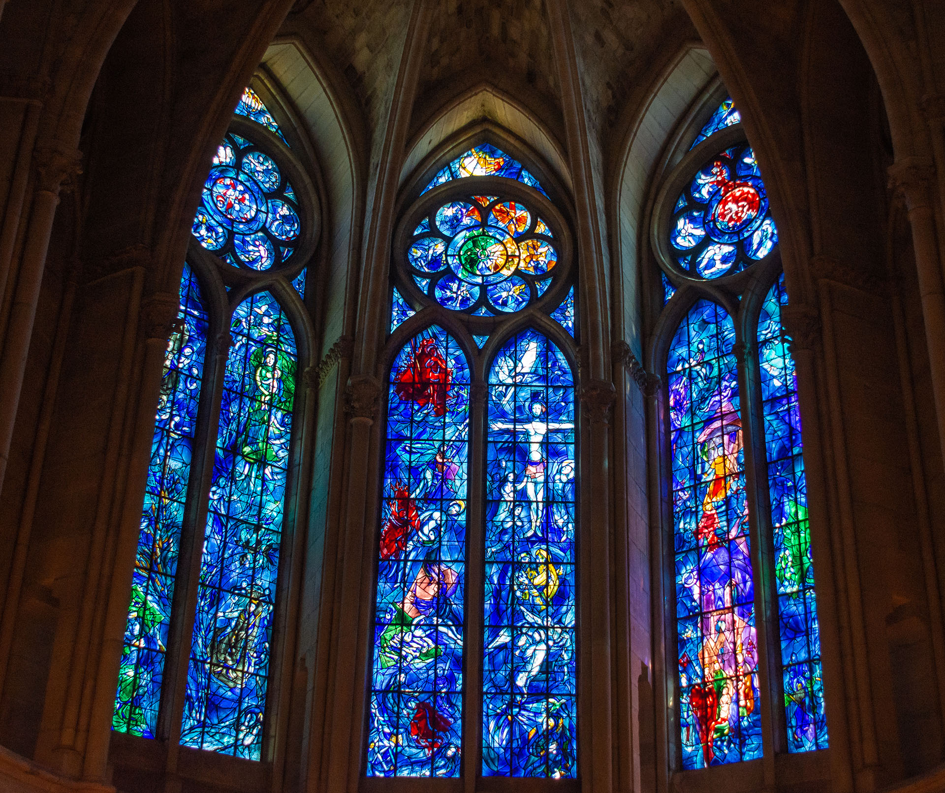 Stained glass windows by Marc Chagall in Notre-Dame de Reims, completed in 1974 and replacing some of those destroyed during the Great War