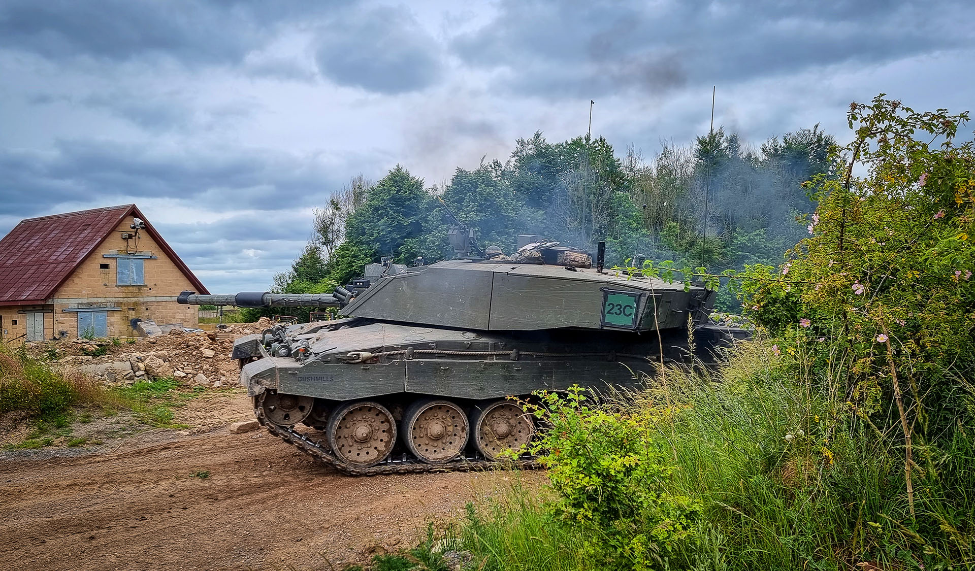 A Challenger-2 tank on manoevres in the 'German Village' training area, near Orcheston