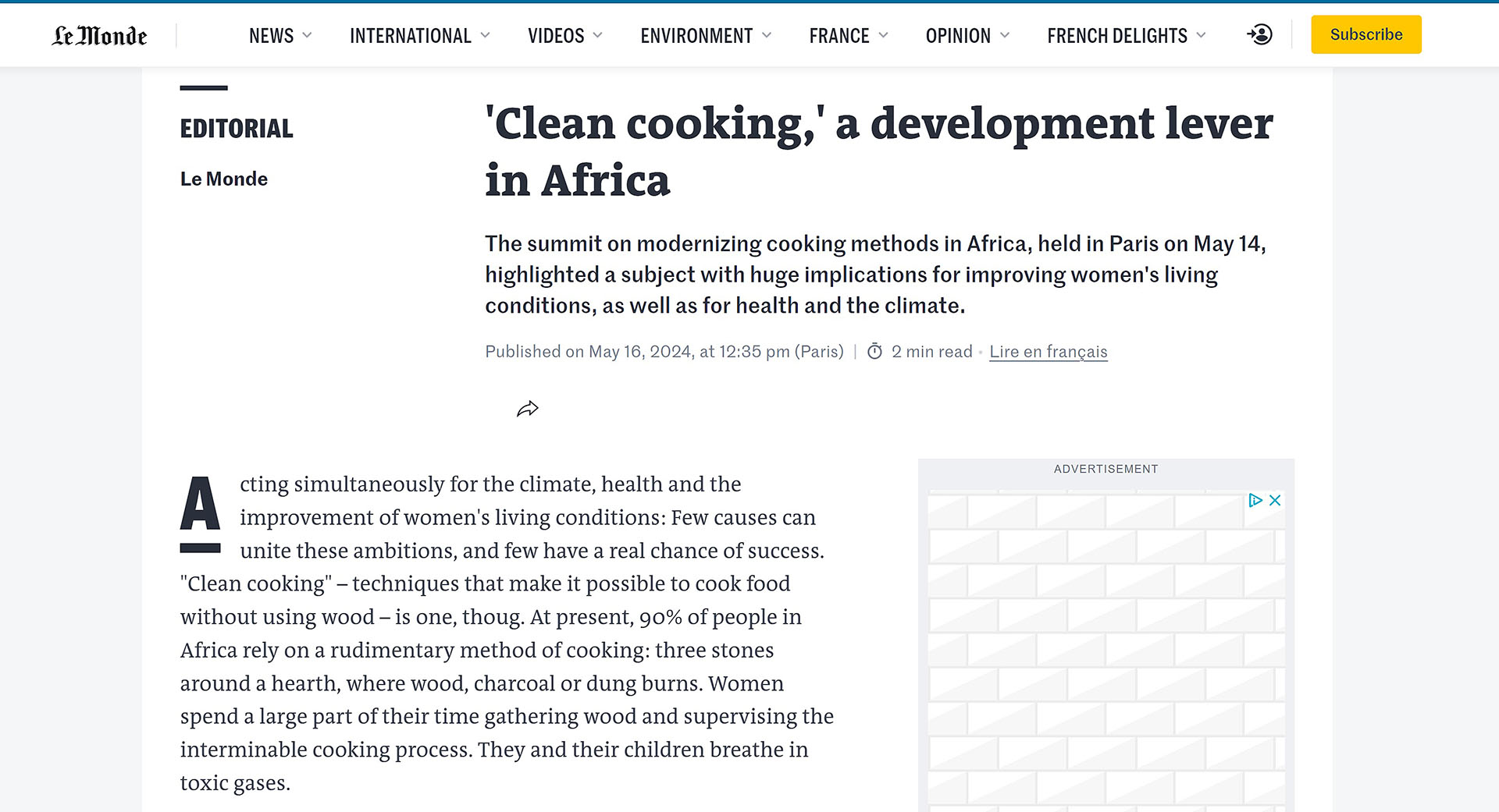 Editorial from Le Monde, 16 May 2024, commenting on the IEA Summit on Clean Cooking for Africa