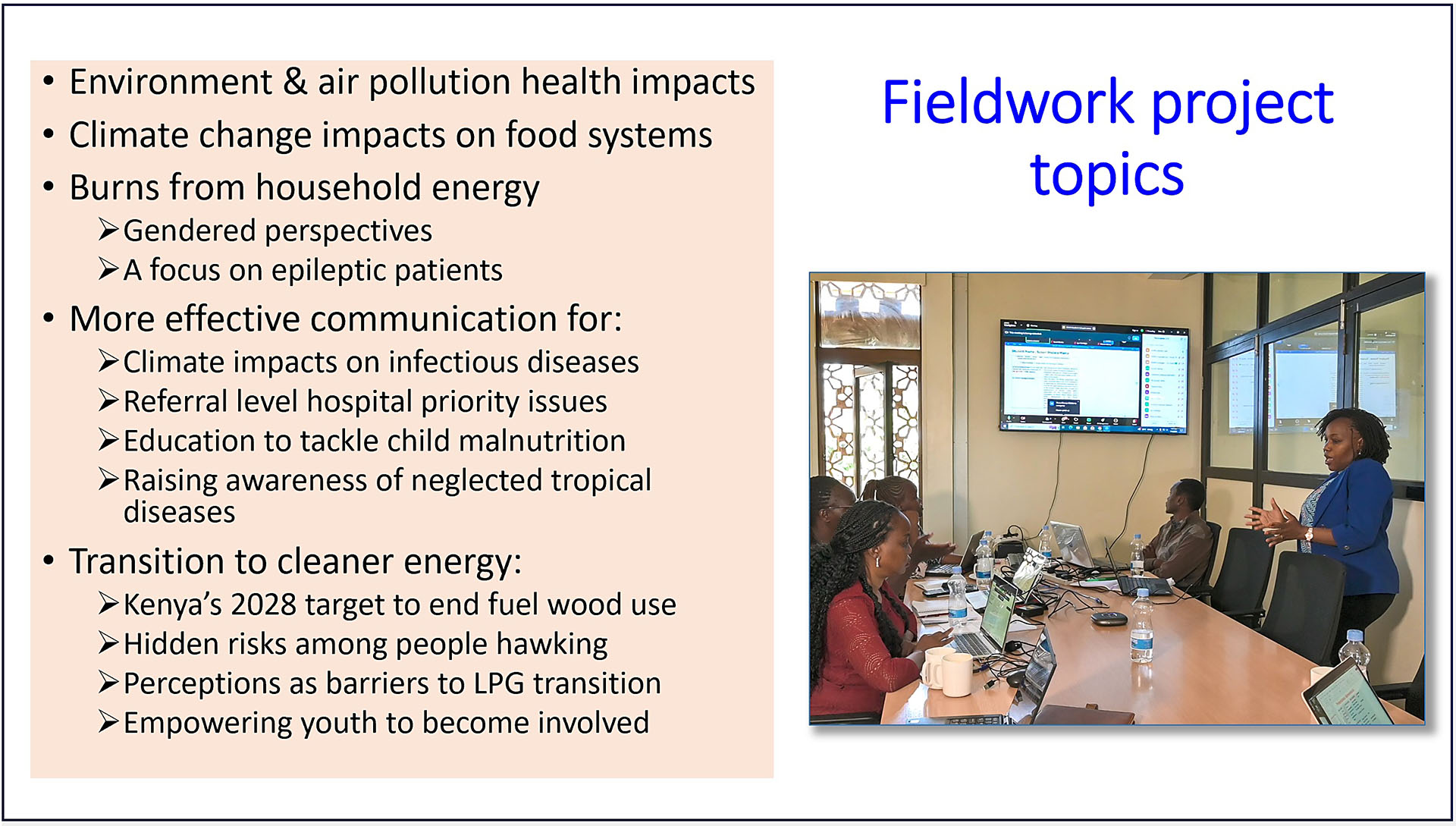 Summary of communications course fieldwork projects with image of participant presenting