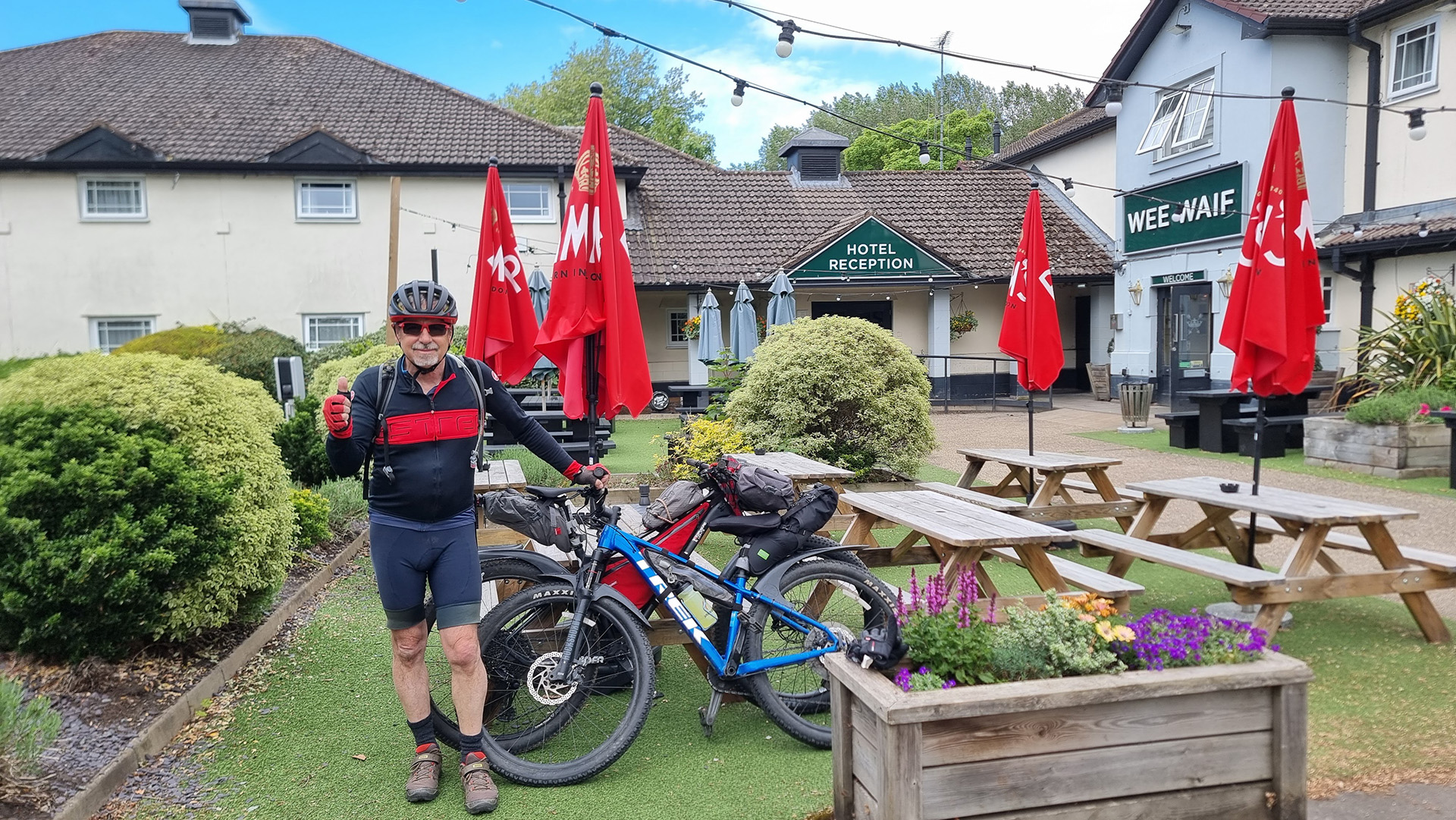 The author in the garden of the pub at the start of our Royal Chilterns Way ride