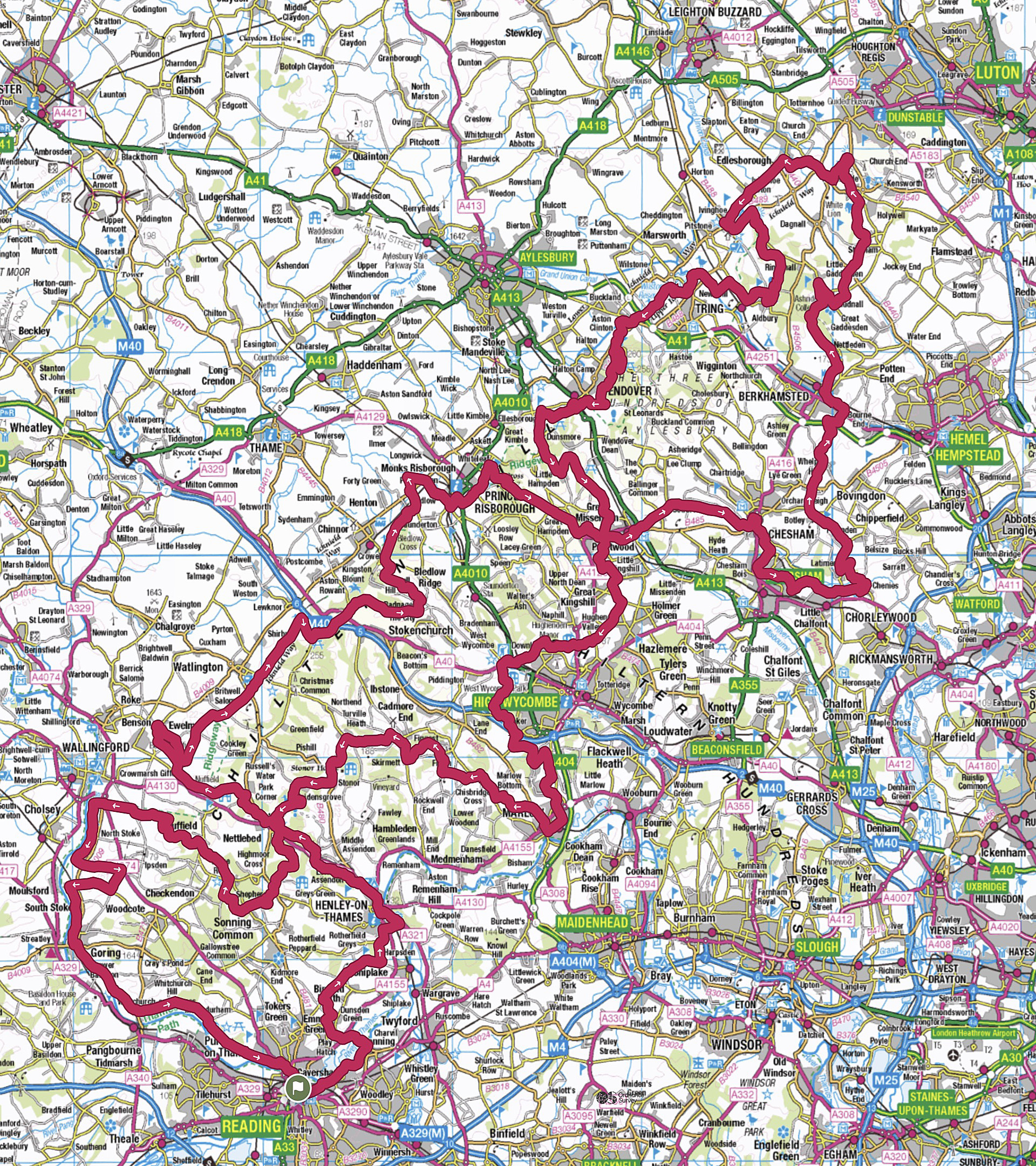 The Royal Chilterns Way, showing the route developed by Cycling UK and displayed in the Ordnance Survey App
